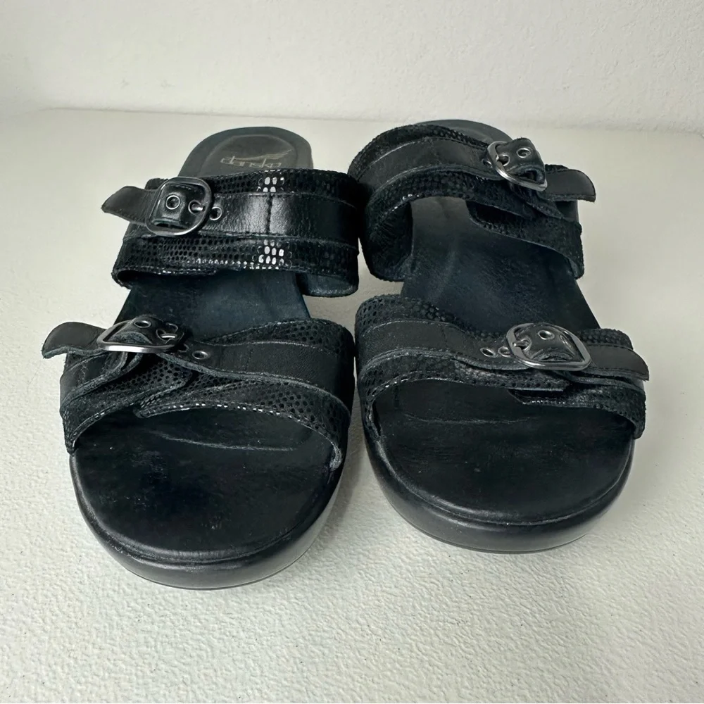 Dansko Black Leather Jessie Lizard Wedge Slide On Shoes Size 40